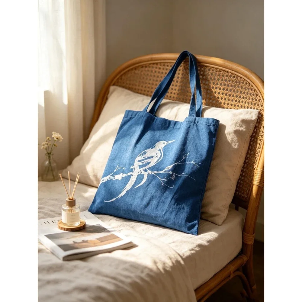 Nüshu Happiness Batik Tote | Indigo Magpie Plum Blossom Chinese Art Bag